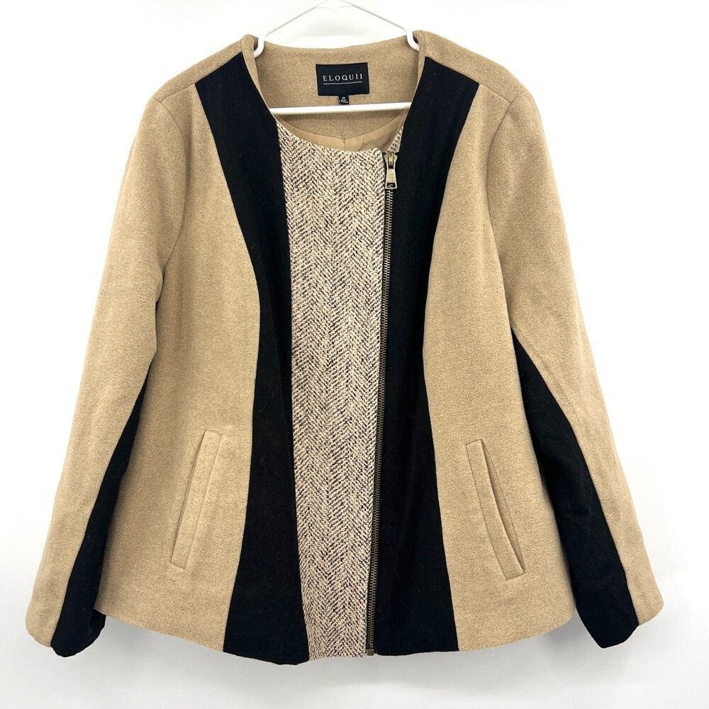 ELOQUII Camel Black Colorblock Wool Blend Zip Jacket Coat Plus Size 20